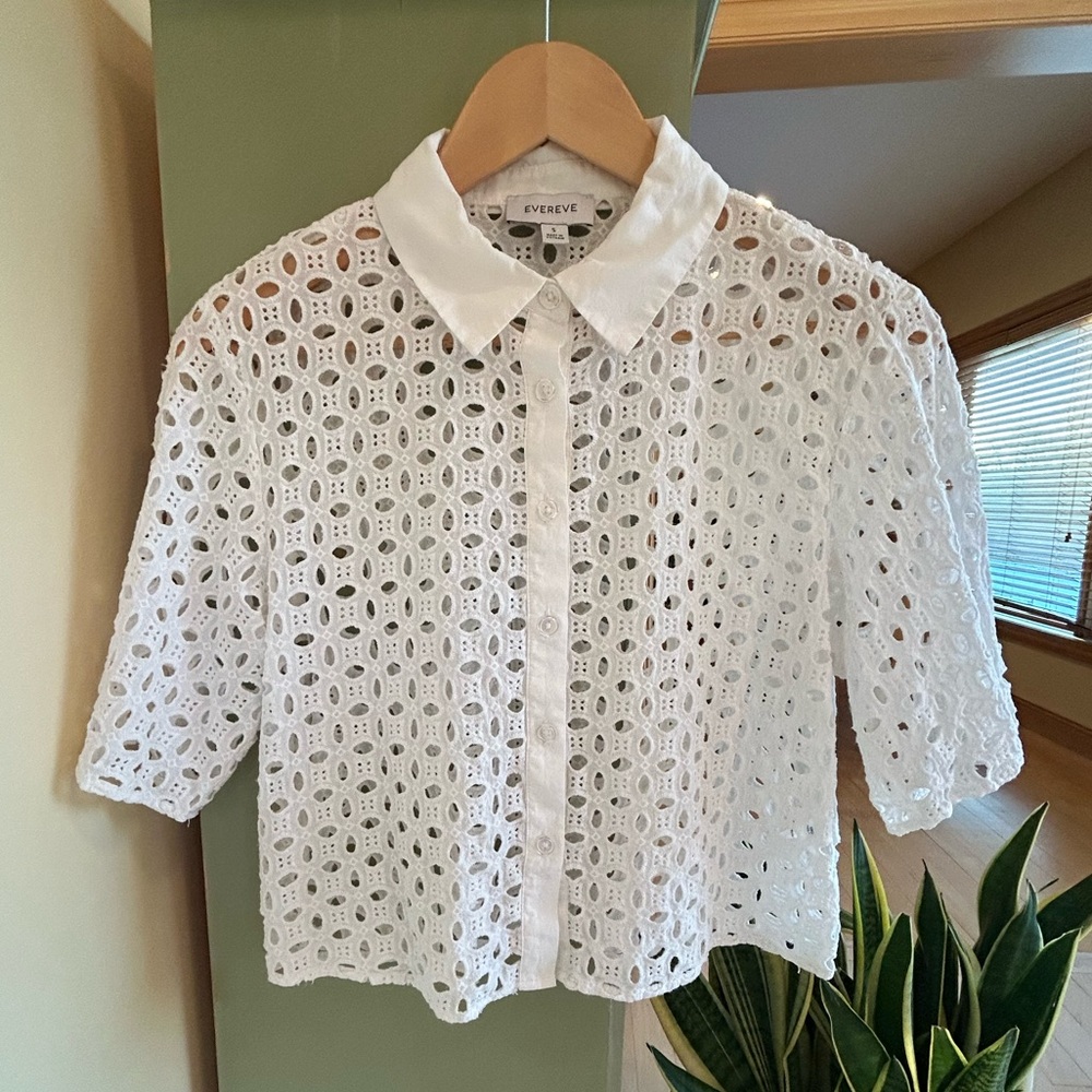 Evereve Women’s Willow Cutwork White Eyelet 100% Cotton Shirt Size Small - Picture 4 of 15